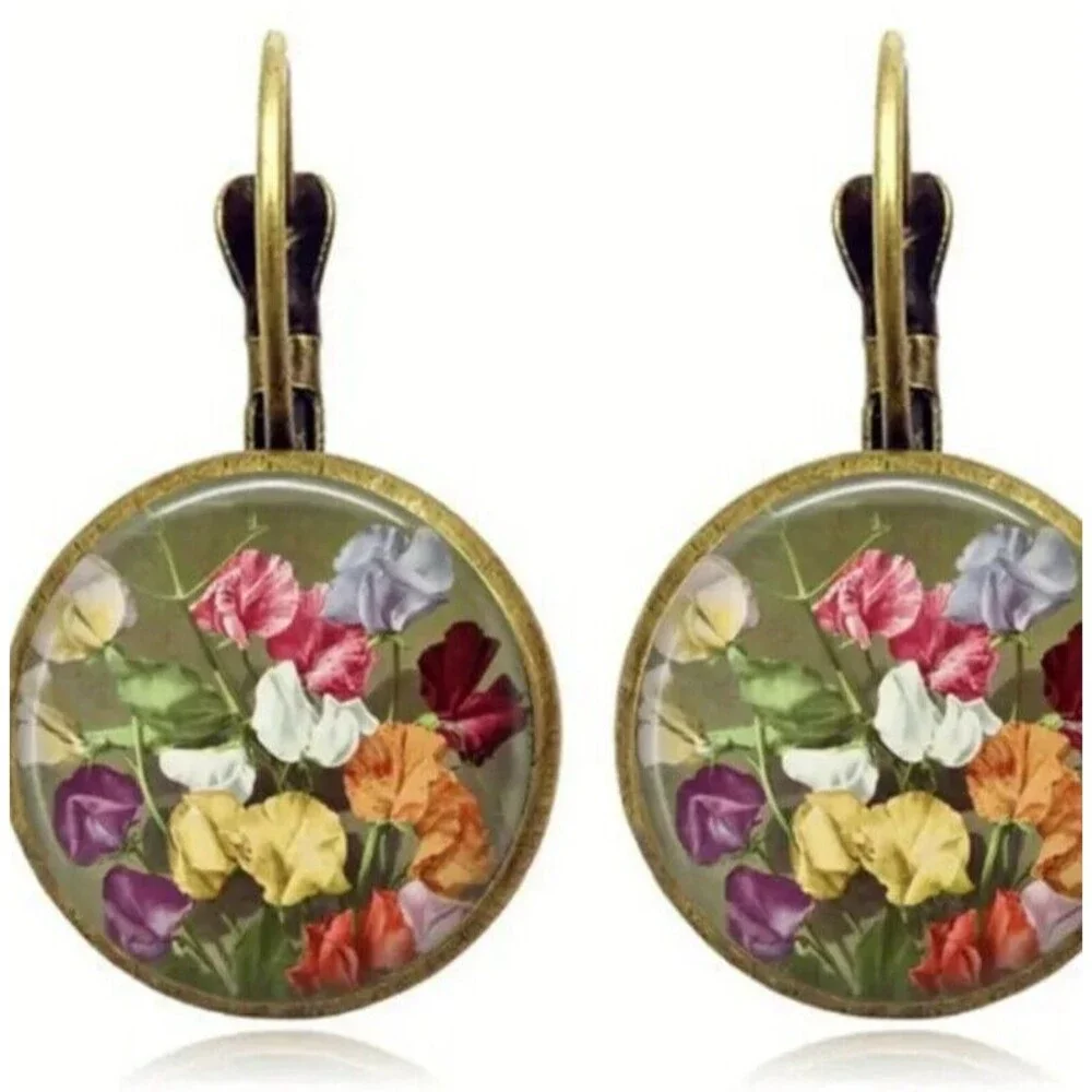 Antique Gold Round Floral Flowers Sage Green Back Earrings